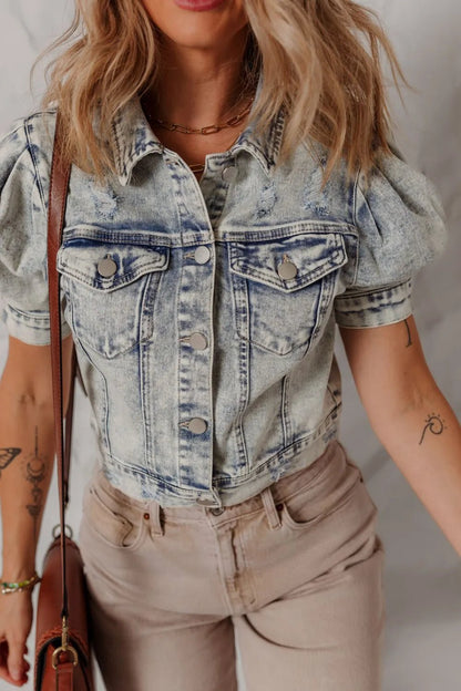 Wash Buttoned Chest Pocket Puff Sleeve Denim Jacket – Medium for Shopify Collective (5 view)