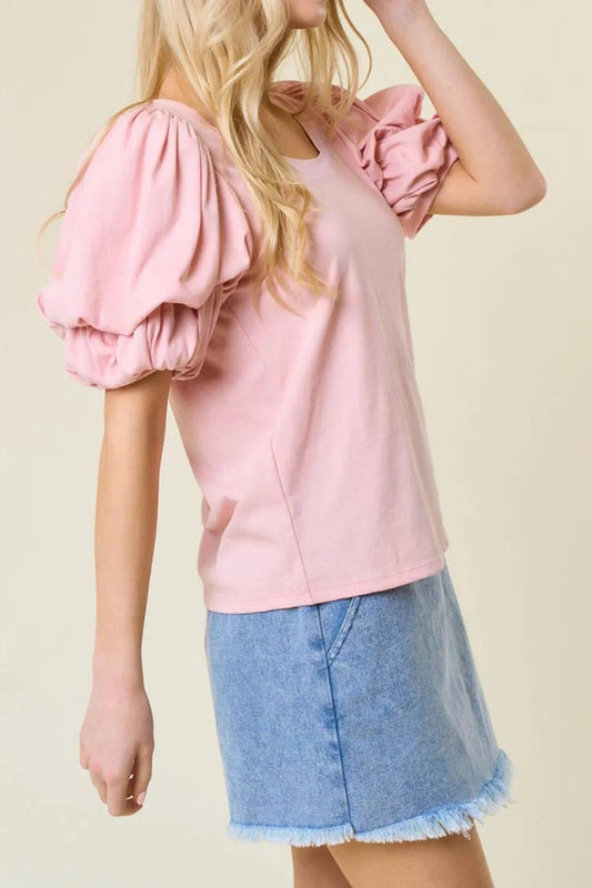 Round Neck Bubble Sleeve Top – Blush Pink by Simply Love