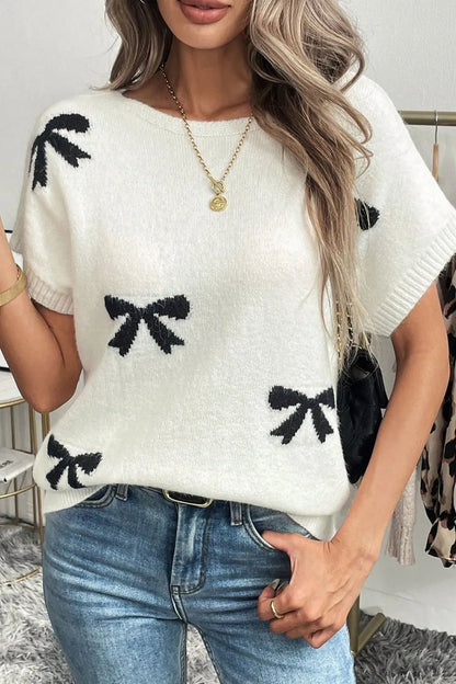 Bow Pattern Knit Short Sleeve Sweater – White by Simply Love