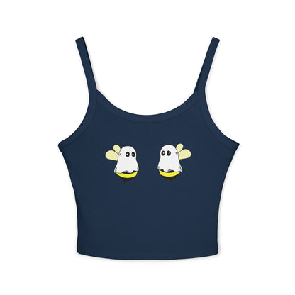 Navy blue tank top with ghost designs on a white background