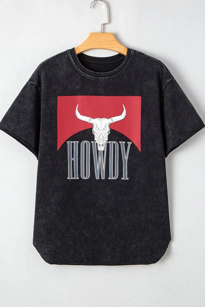 Western HOWDY Steer Head Print Side Slits Loose Fit T Shirt – Black for Shopify Collective (3 view)