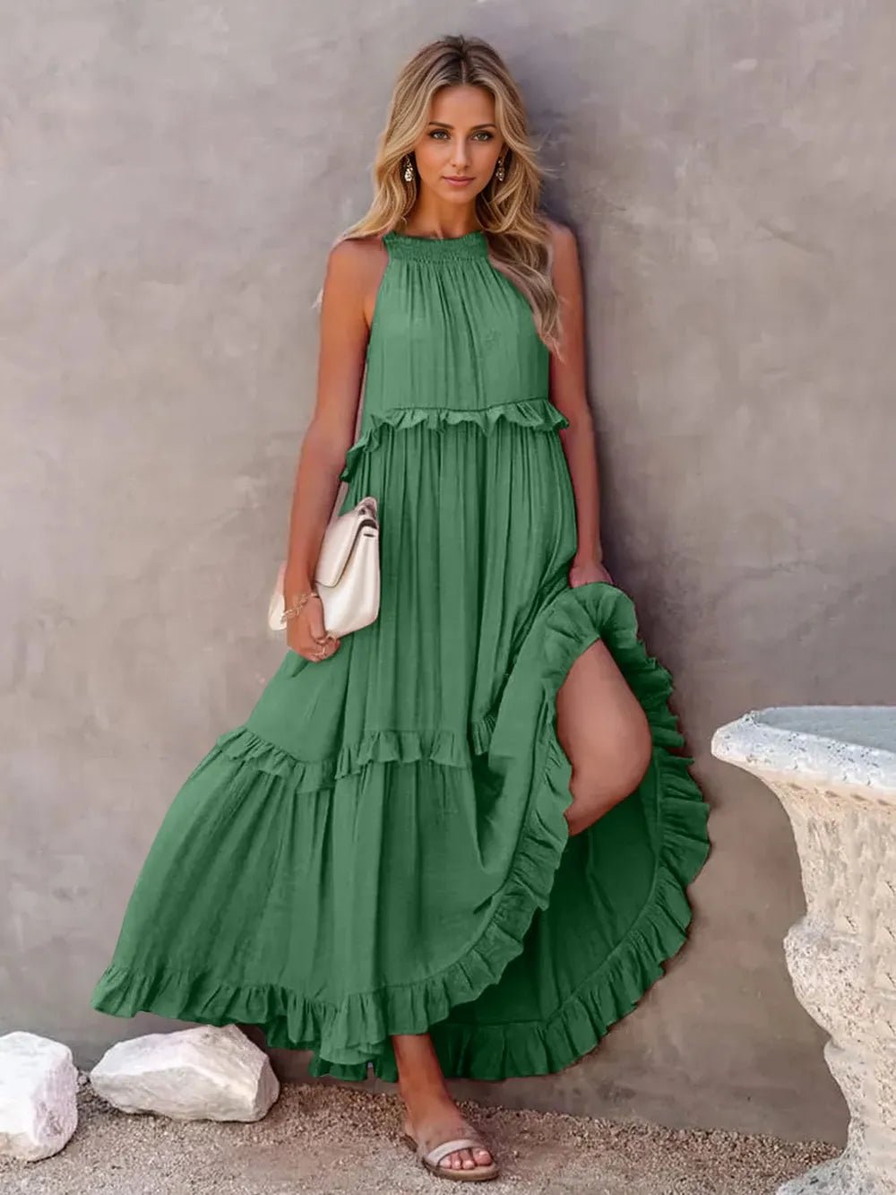 Ruffled Sleeveless Tiered Maxi Dress with Pockets – Dark Green for Shopify Collective (16 view)