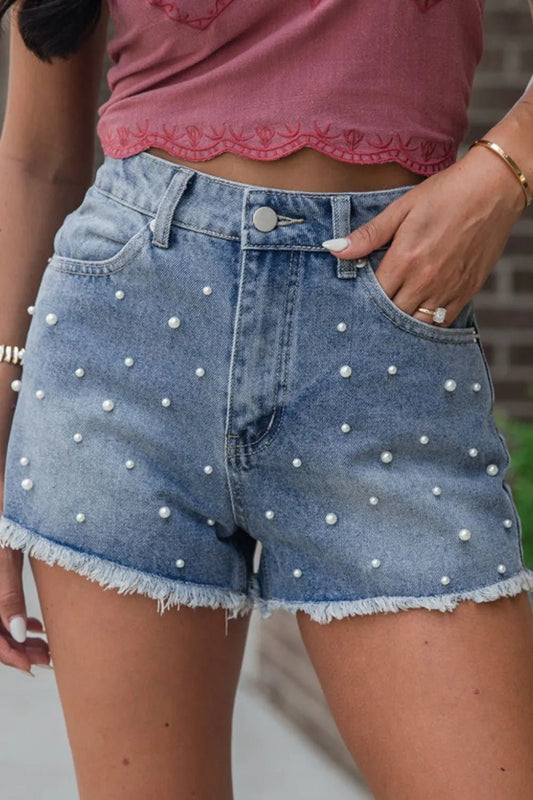 Pearl Beaded Raw Hem Wash Denim Shorts – Medium by Simply Love