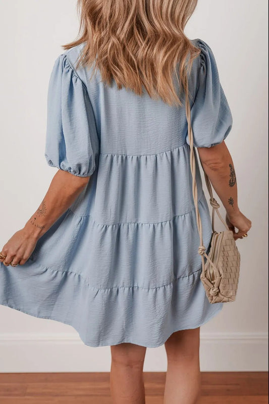 Button Up Puff Sleeve Tiered Shirt Dress – Light Blue by Simply Love
