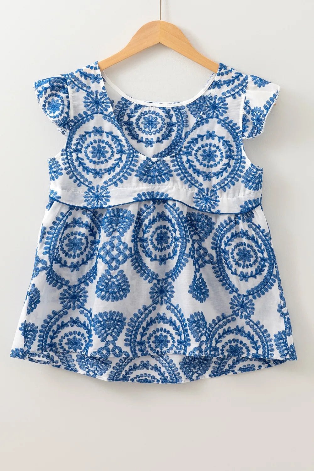 Boho Print Ruffled Cap Sleeve Crew Neck Blouse – Dusty Blue for Shopify Collective (4 view)