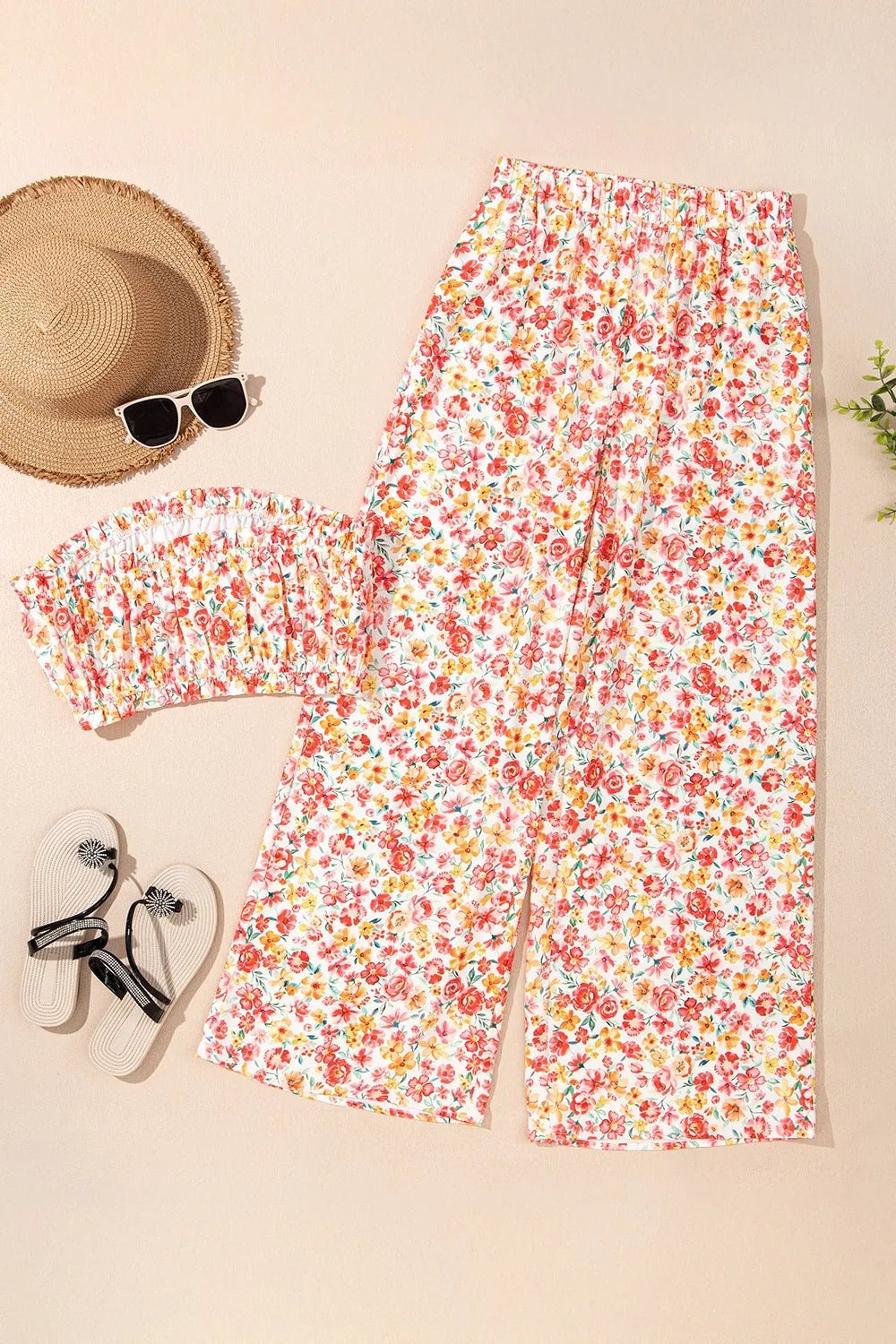 Boho Floral Bandeau Top and High Waist Wide Leg Pants Set – Floral by Simply Love
