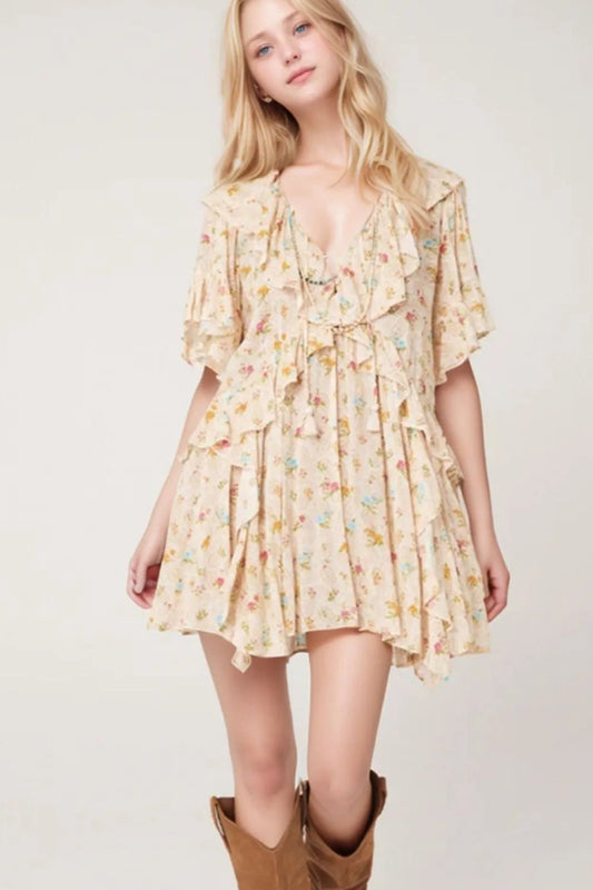 Boho Floral Tassel Tie V Neck Ruffle Wide Sleeve Mini Dress – Cream for Shopify Collective (1 view)
