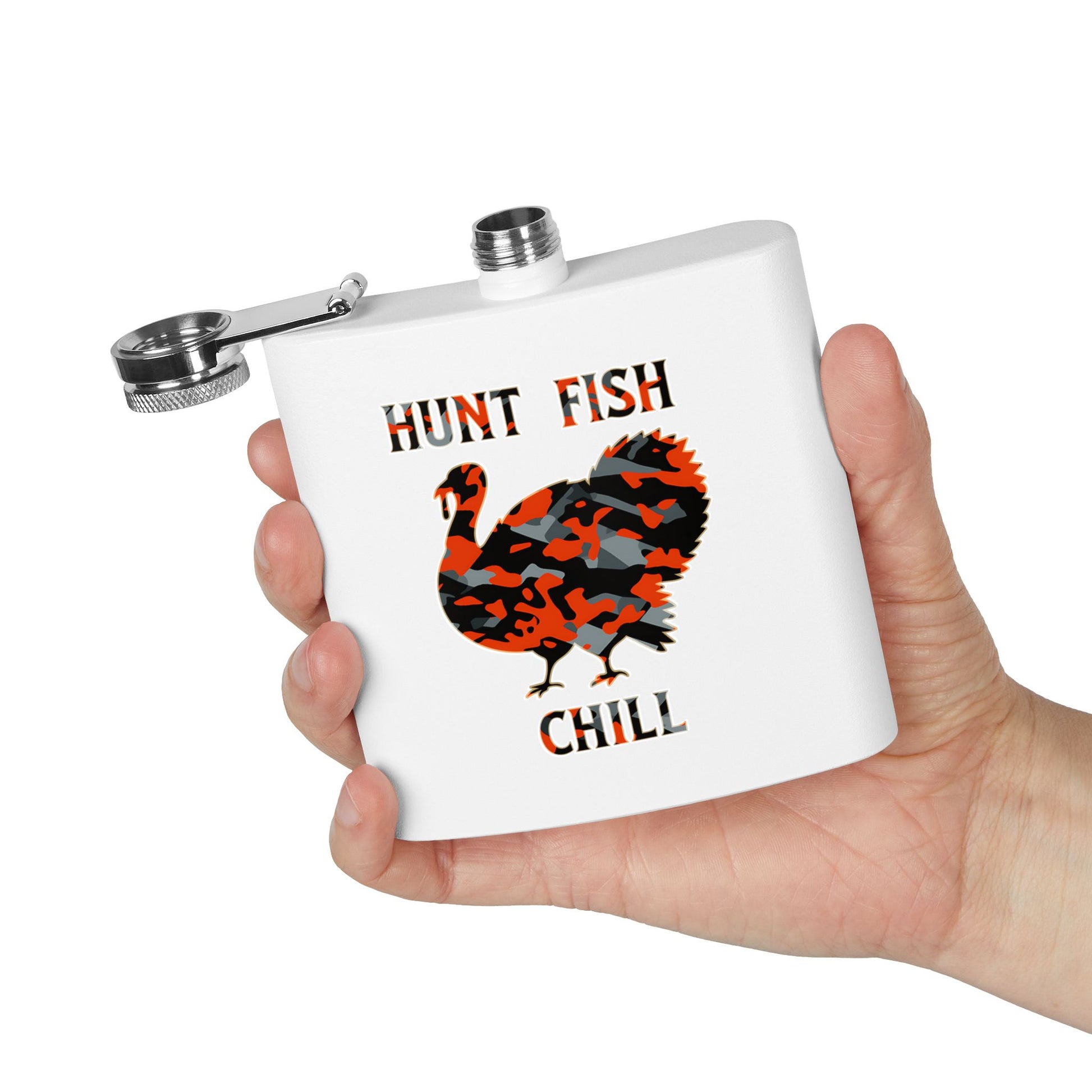 White flask with a turkey graphic and text 'Hunt Fish Chill' held in a hand against a white background