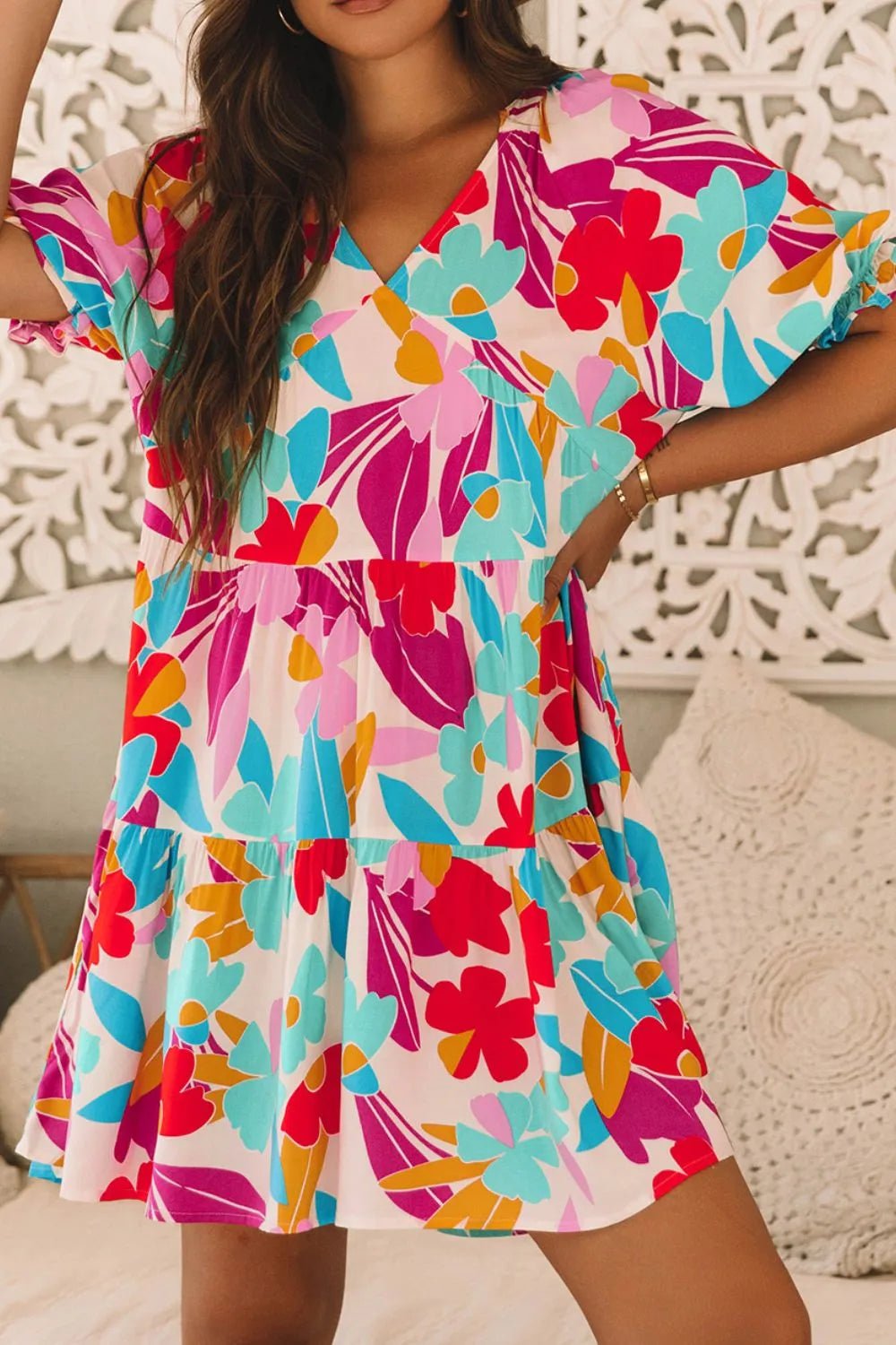 Floral Bubble Sleeve V Neck Tiered Ruffle Babydoll Dress – Floral Dresses for Shopify Collective (6 view)