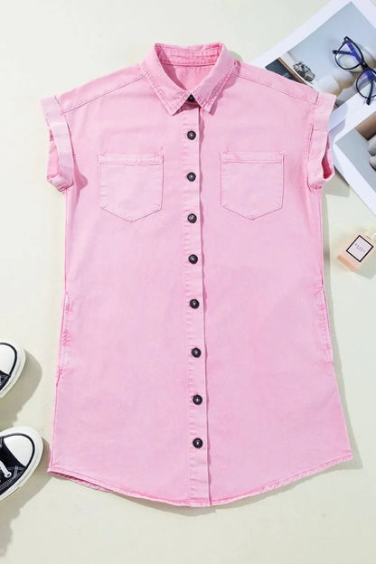 Button Down Short Sleeve Denim Dress – Blush Pink for Shopify Collective (6 view)