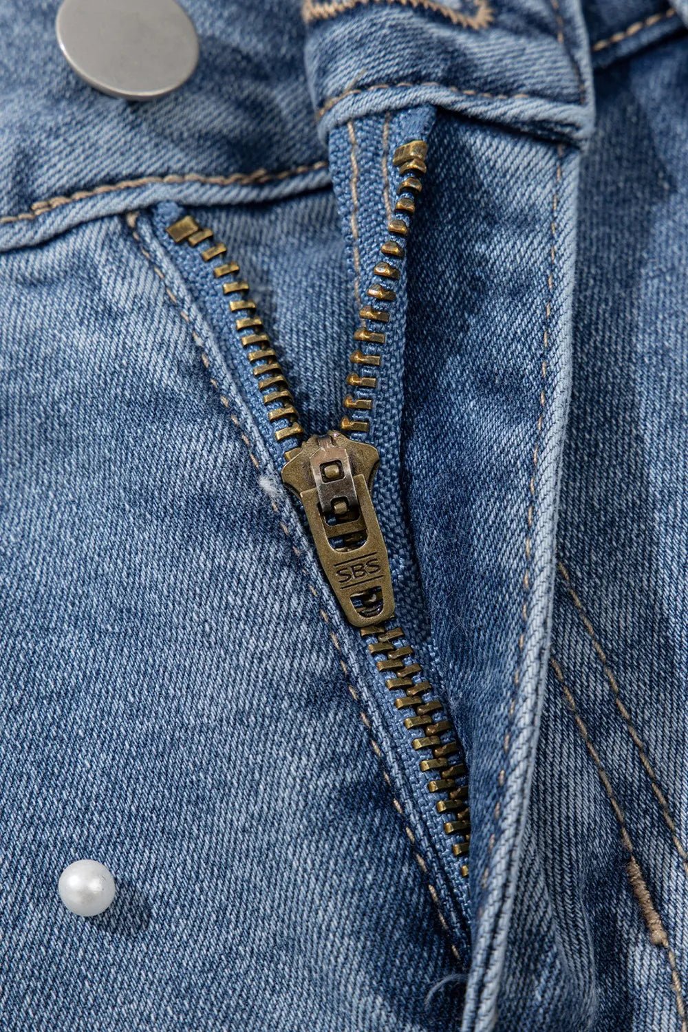 Pearl Beaded Raw Hem Wash Denim Shorts – Medium by Simply Love