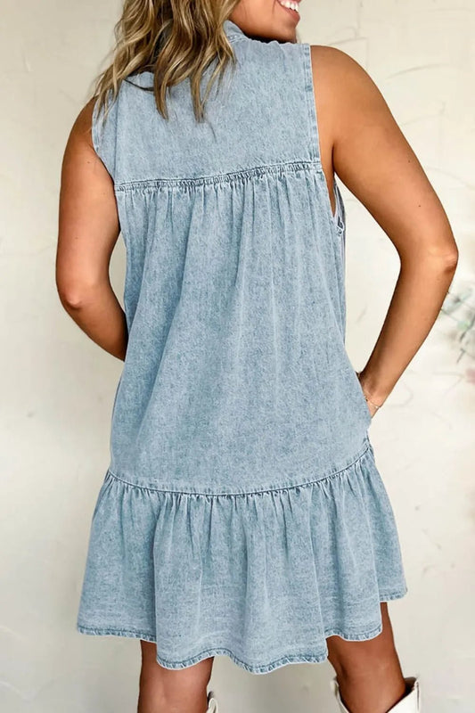 Tie Neck Sleeveless Denim Dress – Light Blue for Shopify Collective (2 view)