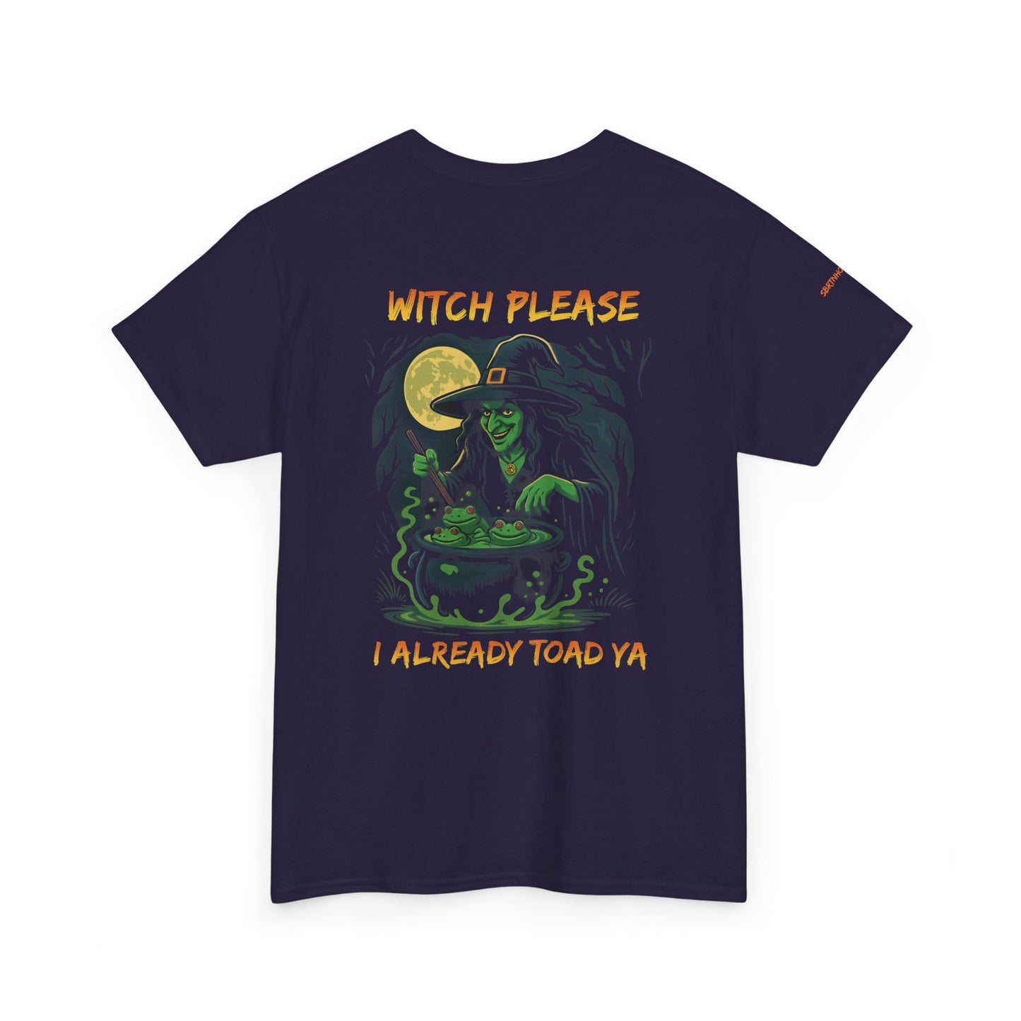 Navy blue t-shirt with witch graphic and text on a white background