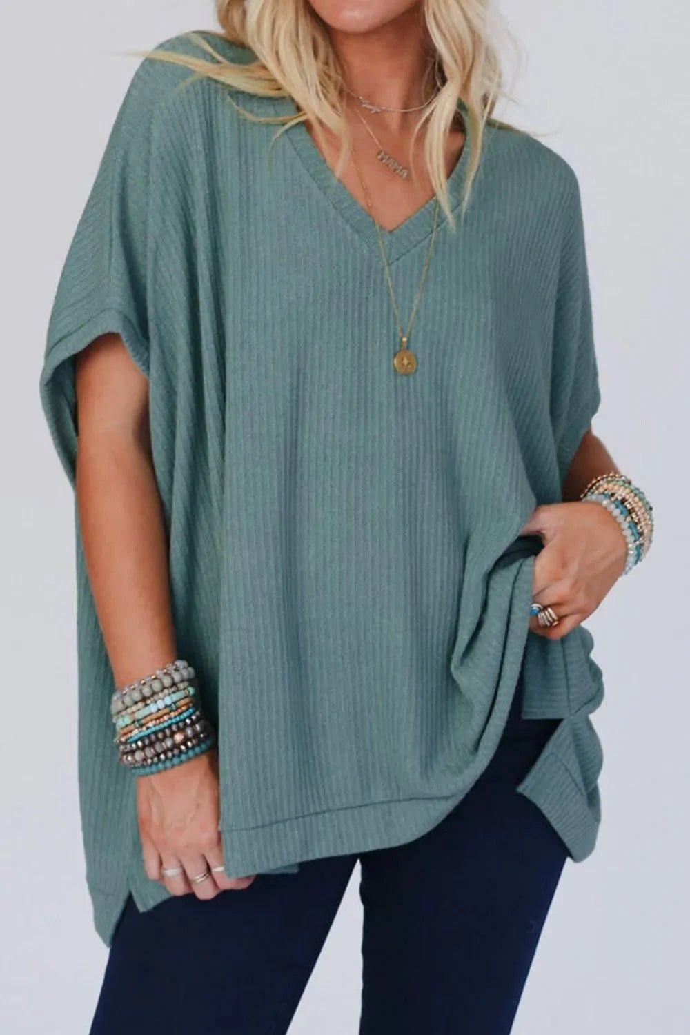 Oversized Ribbed Knit V Neck Dolman Short Sleeve Top – Air Force Blue by Simply Love