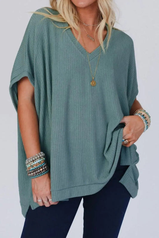 Oversized Ribbed Knit V Neck Dolman Short Sleeve Top – Air Force Blue by Simply Love