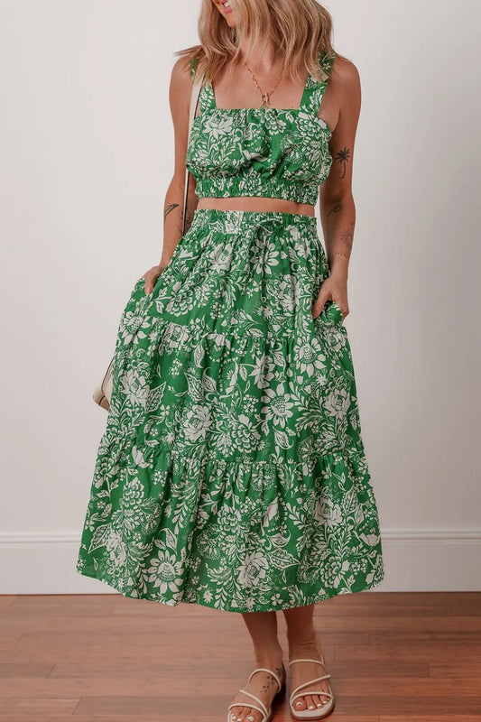 Floral Print Shirred Crop Top and Midi Skirt Set – Dark Green for Shopify Collective (1 view)