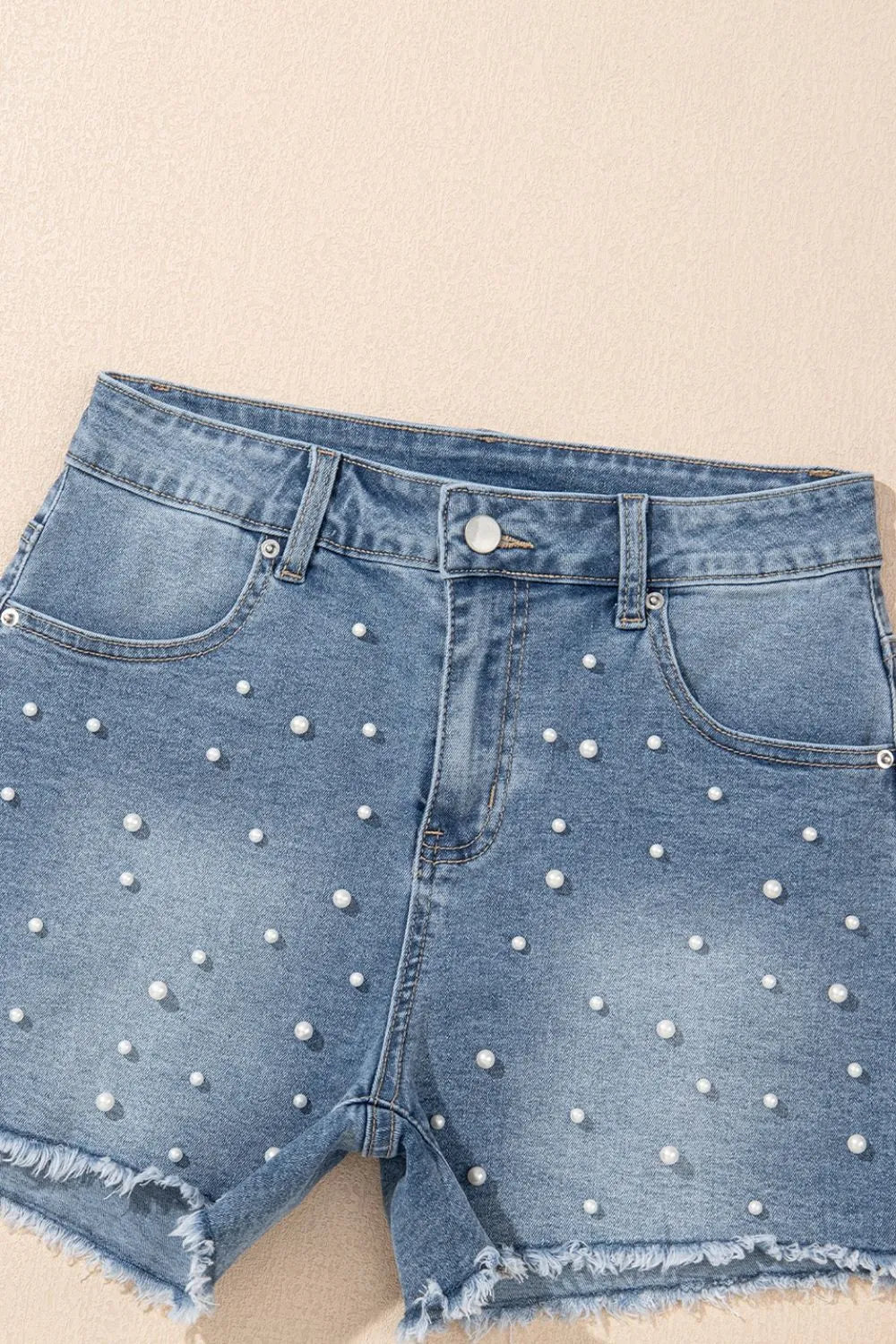 Pearl Beaded Raw Hem Wash Denim Shorts – Medium by Simply Love
