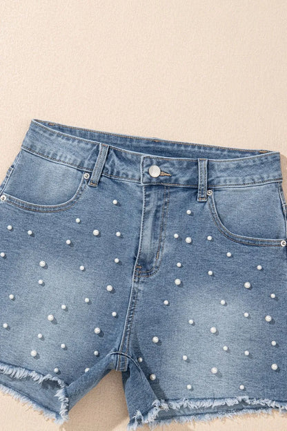 Pearl Beaded Raw Hem Wash Denim Shorts – Medium by Simply Love