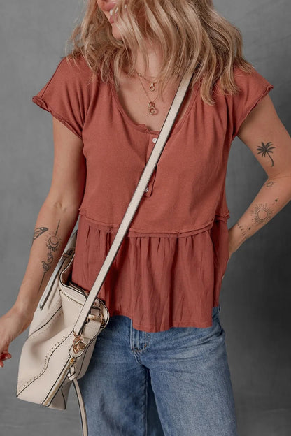 Short Sleeve U Neck Buttons Splicing Ruffle Blouse – Terracotta for Best Sellers (5 view)