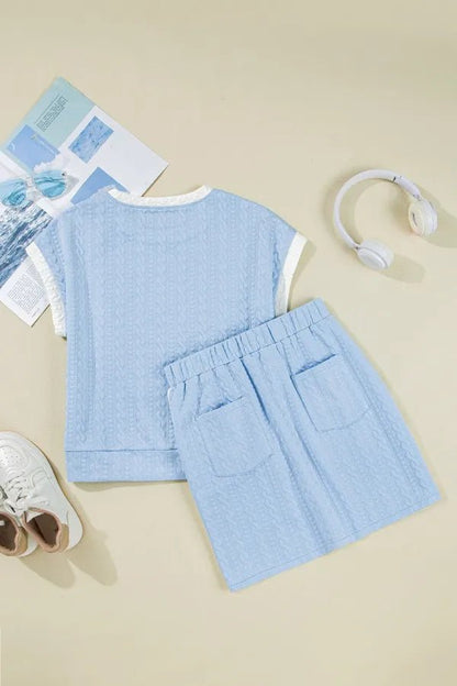 Contrast Trim Textured Crewneck Tee and Pocketed Skirt Set – Light Blue for Shopify Collective (4 view)