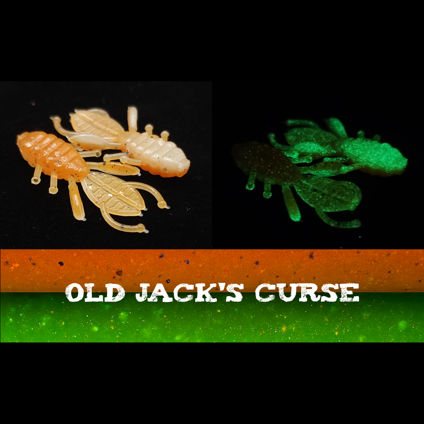 Two glow-in-the-dark insect-like figures on a black background with 'Old Jack's Curse' branding.