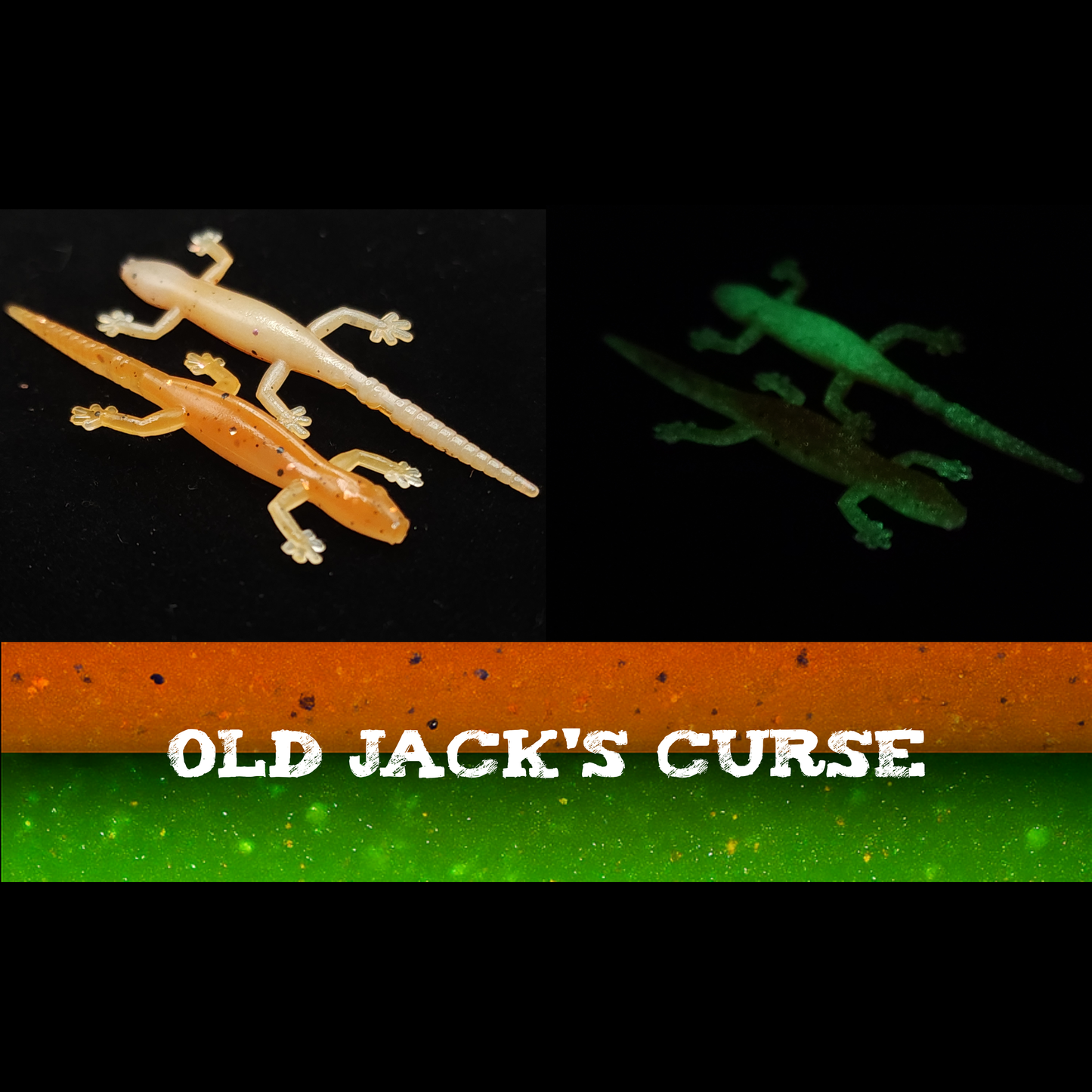 Two glow-in-the-dark lizard-shaped toys with 'Old Jack's Curse' branding on a black background.