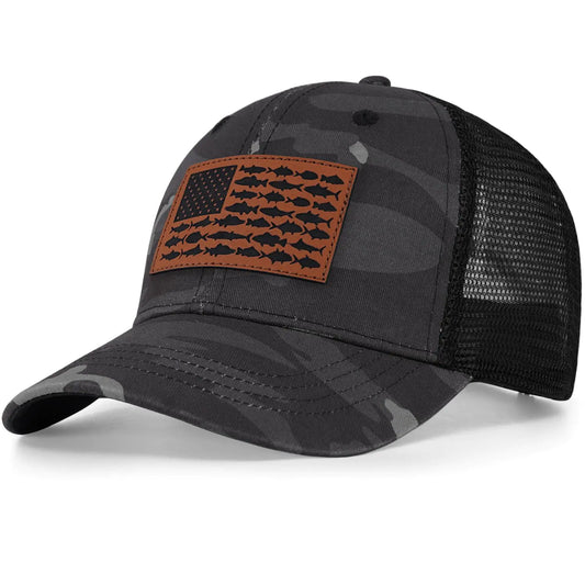American Fish Flag Trucker Hat – Patriotic Fishing Gift for – 03.leather Fish-camo Black Apparel by SbrTnHomes