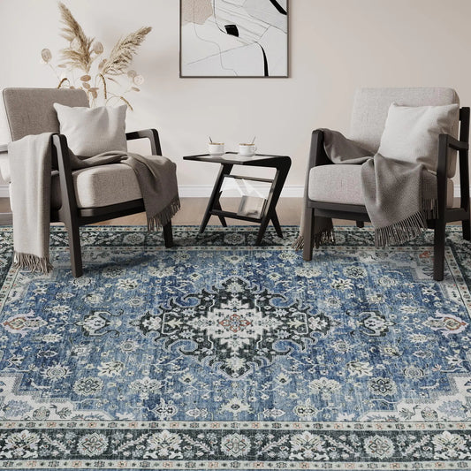 Hoyawu 4X6 Rugs For Living Room Vintage Design Washable Rug – A50 - blue decor for blueblack (1 view)