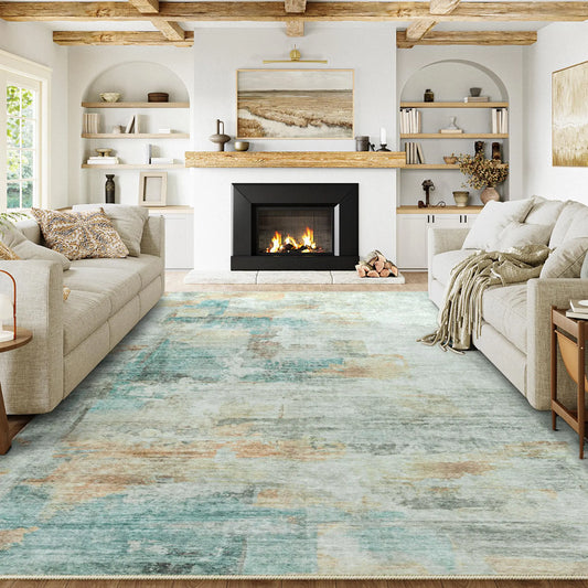 9x12 Washable Area Rug – Teal & Beige Abstract Modern – decor by SbrTnHomes