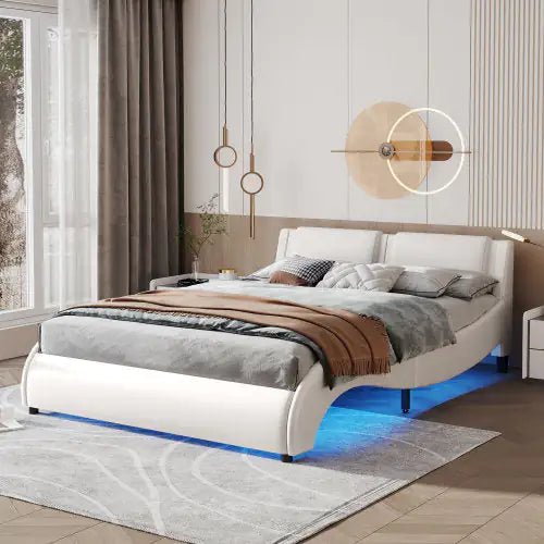 Queen Size Upholstered Faux Leather Platform Bed With Led – White Pet by SbrTnHomes