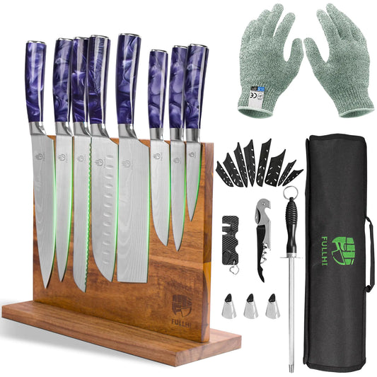 FULLHI 15PC Knife Set – Magnetic Block & German Steel Blades | Japanese Style Kitchen Essentials – Purple Kitchen