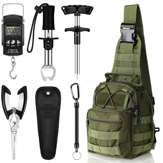 Hungdao 7 Piece Fishing Tool Kit – Backpack, Pliers, Scale, – Army Green Fishing Gear by SbrTnHomes