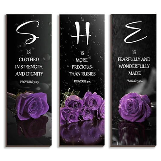 Donfenthy 3 Pcs Purple Bedroom Decor Purple Rose Wooden Wall – Wall Art by SbrTnHomes
