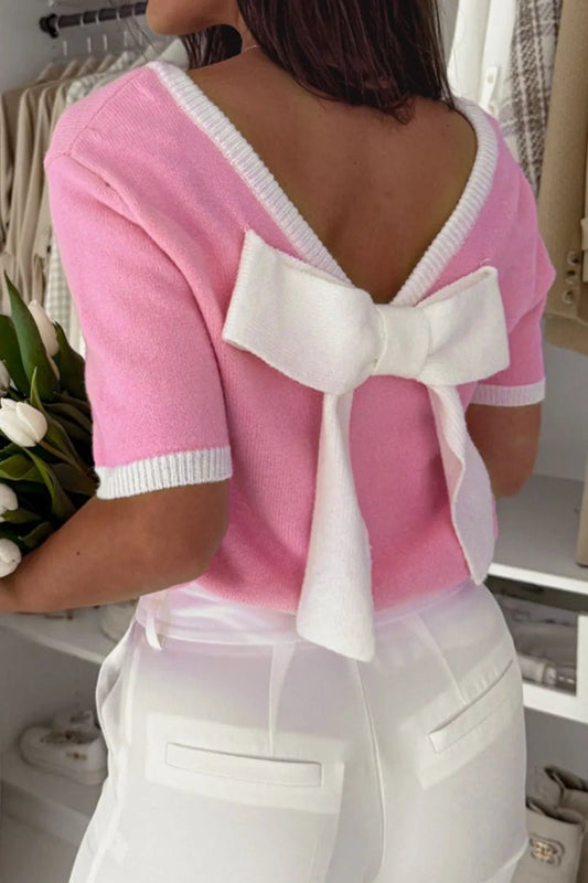 Bow Back Round Neck Short Sleeve Knit Top – Pink for Shopify Collective (1 view)