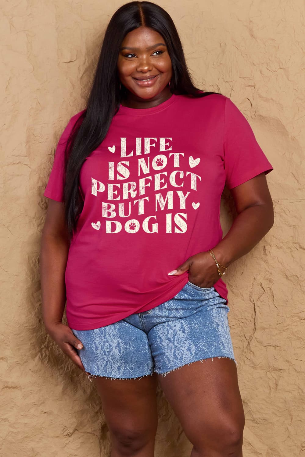 Simply Love Full Size Dog Slogan Graphic Cotton T-Shirt – Deep Rose by Simply Love