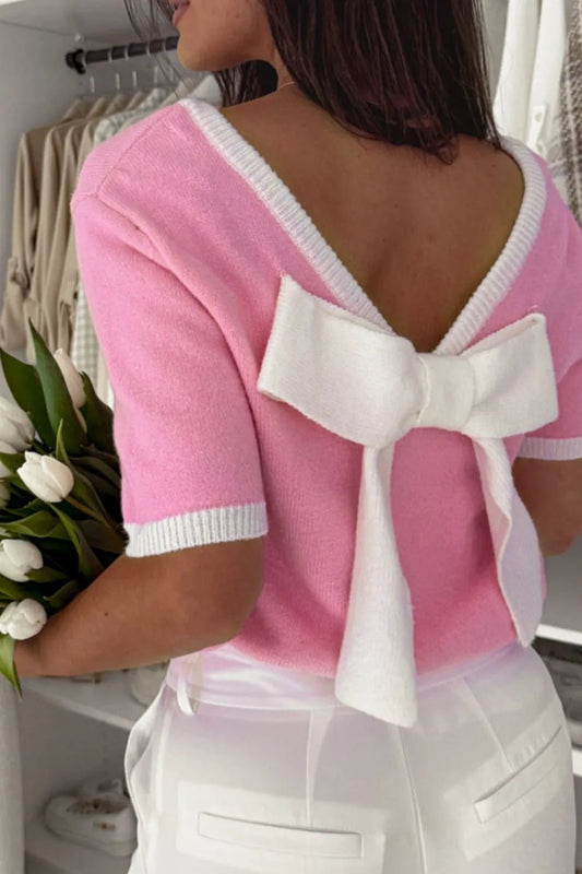 Bow Back Round Neck Short Sleeve Knit Top – Pink for Shopify Collective (2 view)