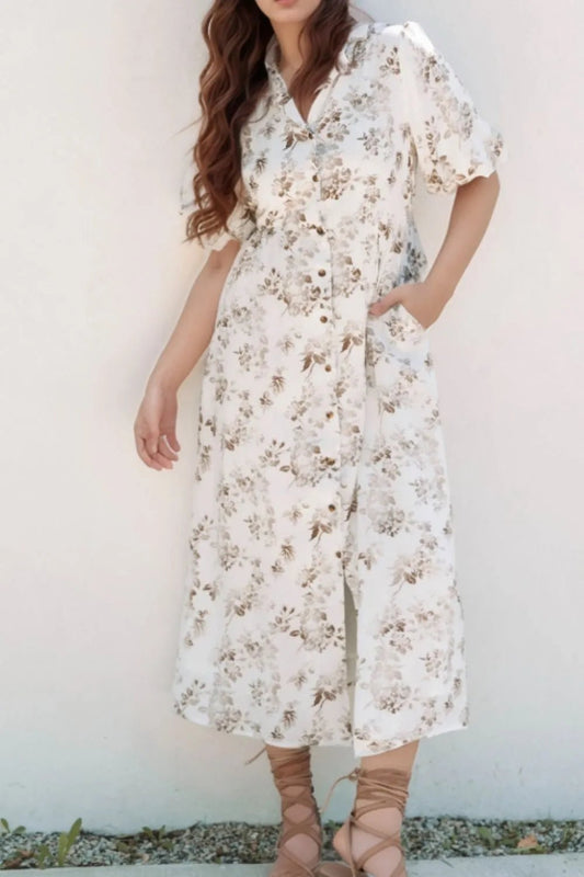 Printed Button Front Puff Sleeve Dress – White for Shopify Collective (1 view)