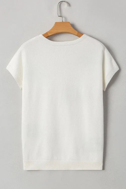 Bow Pattern Knit Short Sleeve Sweater – White by Simply Love