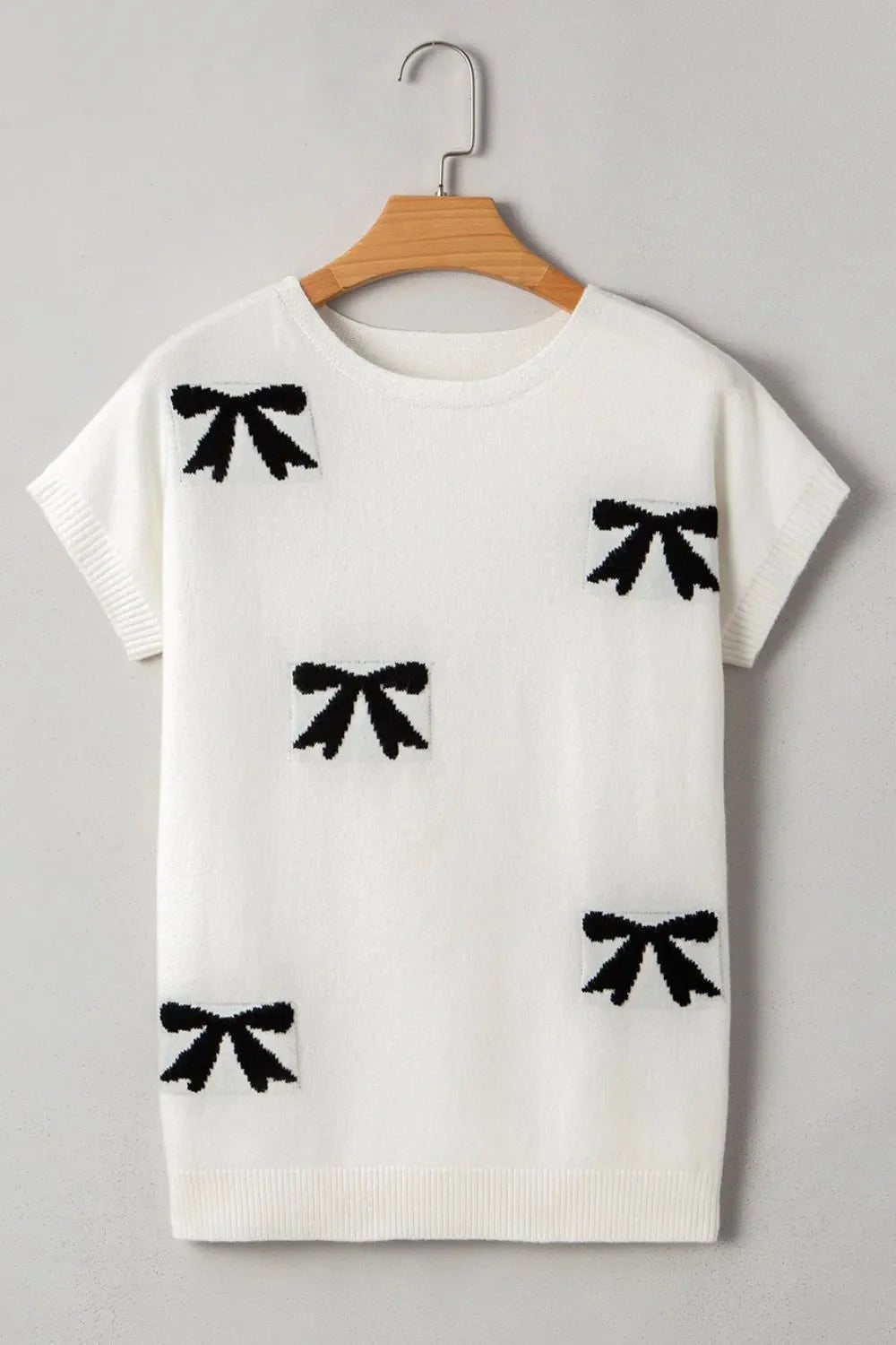 Bow Pattern Knit Short Sleeve Sweater – White by Simply Love