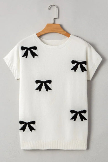 Bow Pattern Knit Short Sleeve Sweater – White by Simply Love