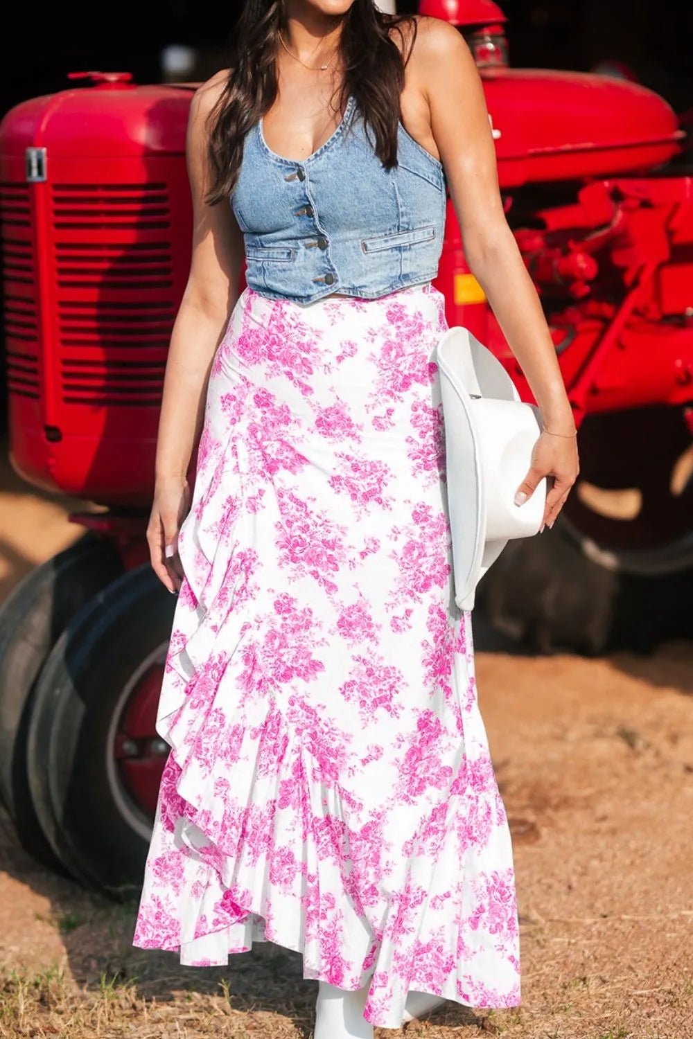 Boho Floral High Waist Ruffle Split Maxi Skirt – Pink for Shopify Collective (3 view)