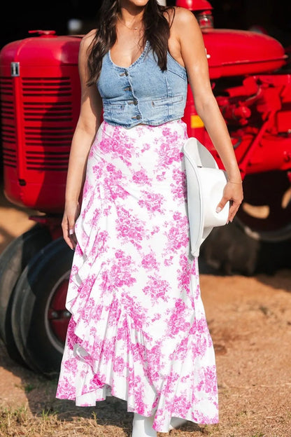 Boho Floral High Waist Ruffle Split Maxi Skirt – Pink for Shopify Collective (3 view)