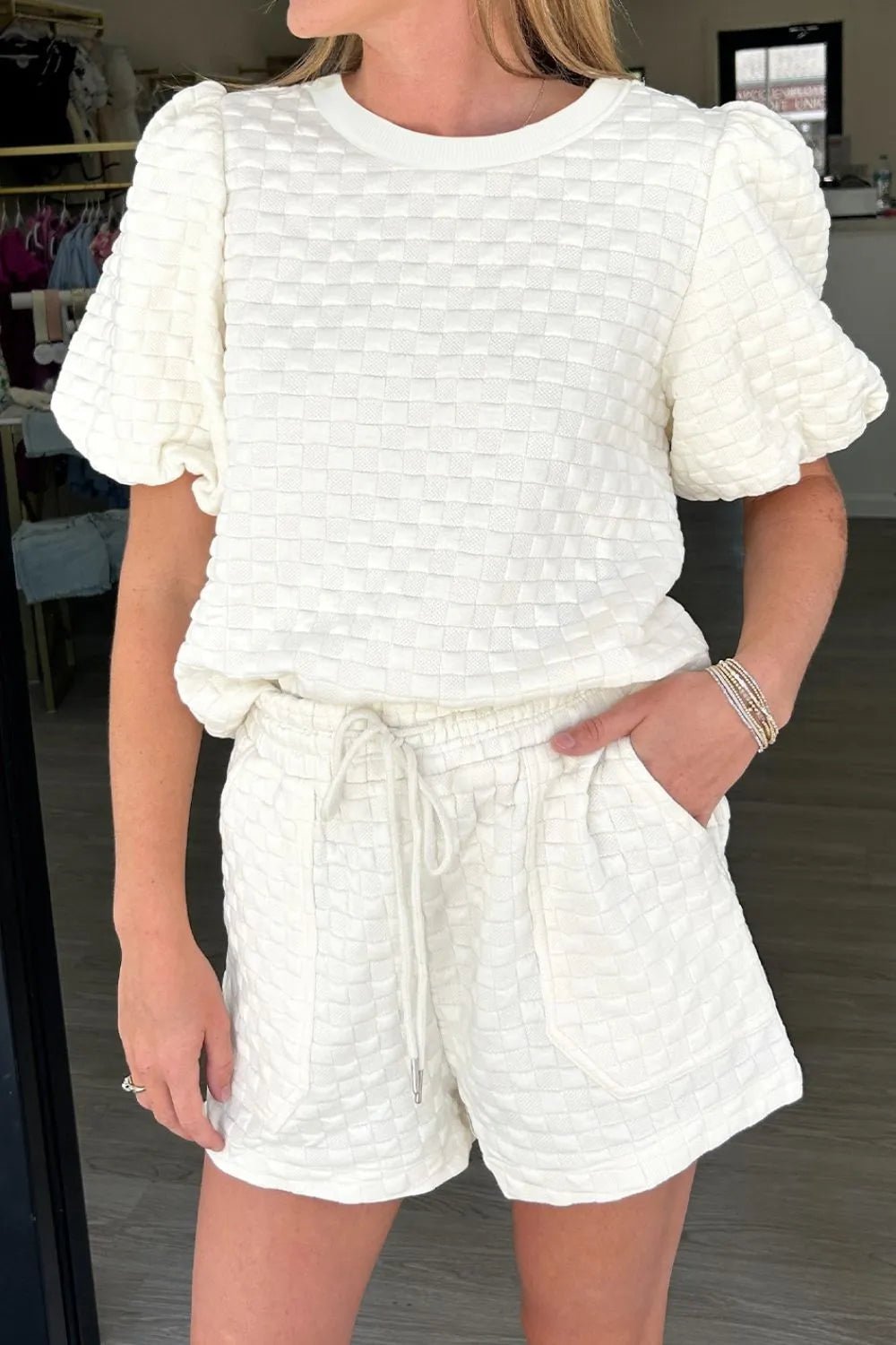 Checkered Texture Top and Shorts Set – White for Shopify Collective (3 view)