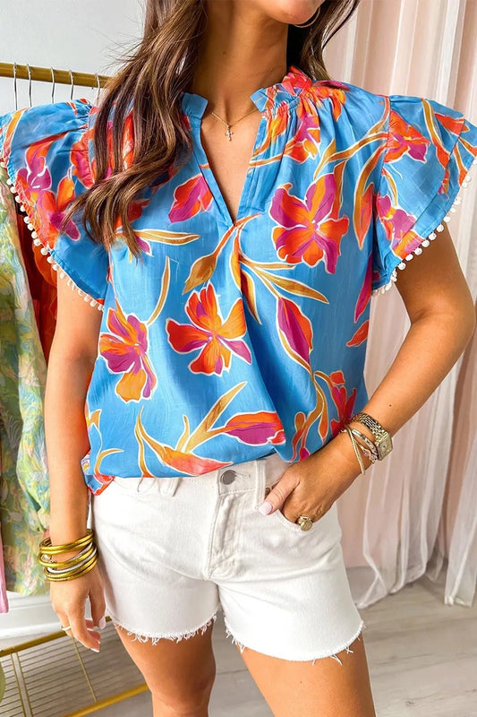 Floral Print Notched Pompom Trim Flutter Sleeve Blouse – Sky Blue for Shopify Collective (2 view)