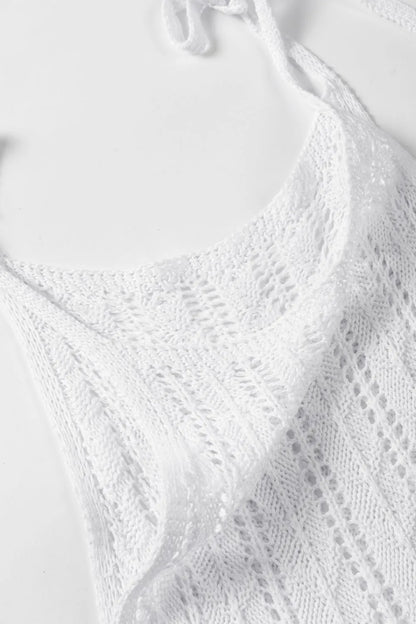Tie Straps Wave Stripes Textured Eyelet Knitted Vest – White by Simply Love