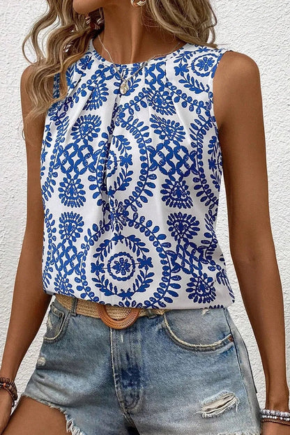 Printed Crew Neck Sleeveless Top – Blue for Shopify Collective (1 view)