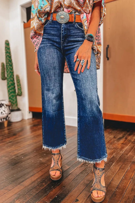 Mineral Wash Raw Hem High Waist Flared Jeans – Navy for Shopify Collective (1 view)