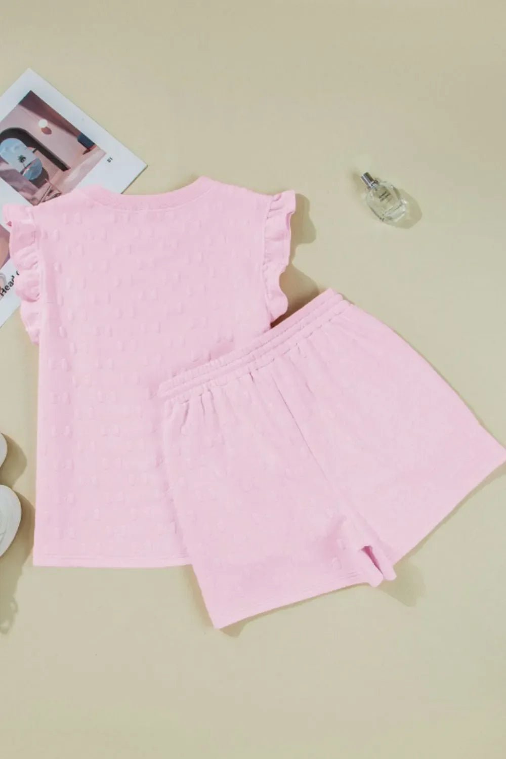 Bow Jacquard Ruffle Cap Sleeve Top and Shorts Set – Blush Pink for Shopify Collective (4 view)