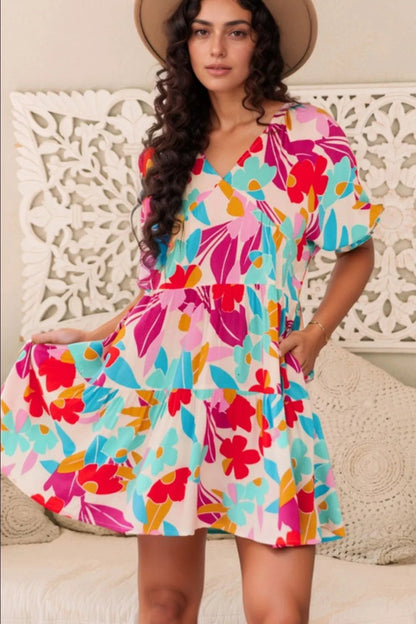 Floral Bubble Sleeve V Neck Tiered Ruffle Babydoll Dress – Floral Dresses for Shopify Collective (2 view)