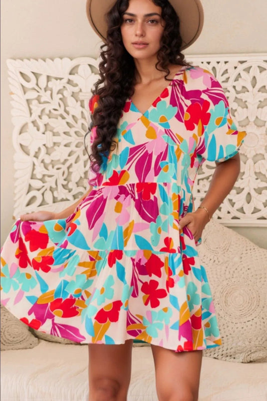 Floral Bubble Sleeve V Neck Tiered Ruffle Babydoll Dress – Floral Dresses for Shopify Collective (2 view)